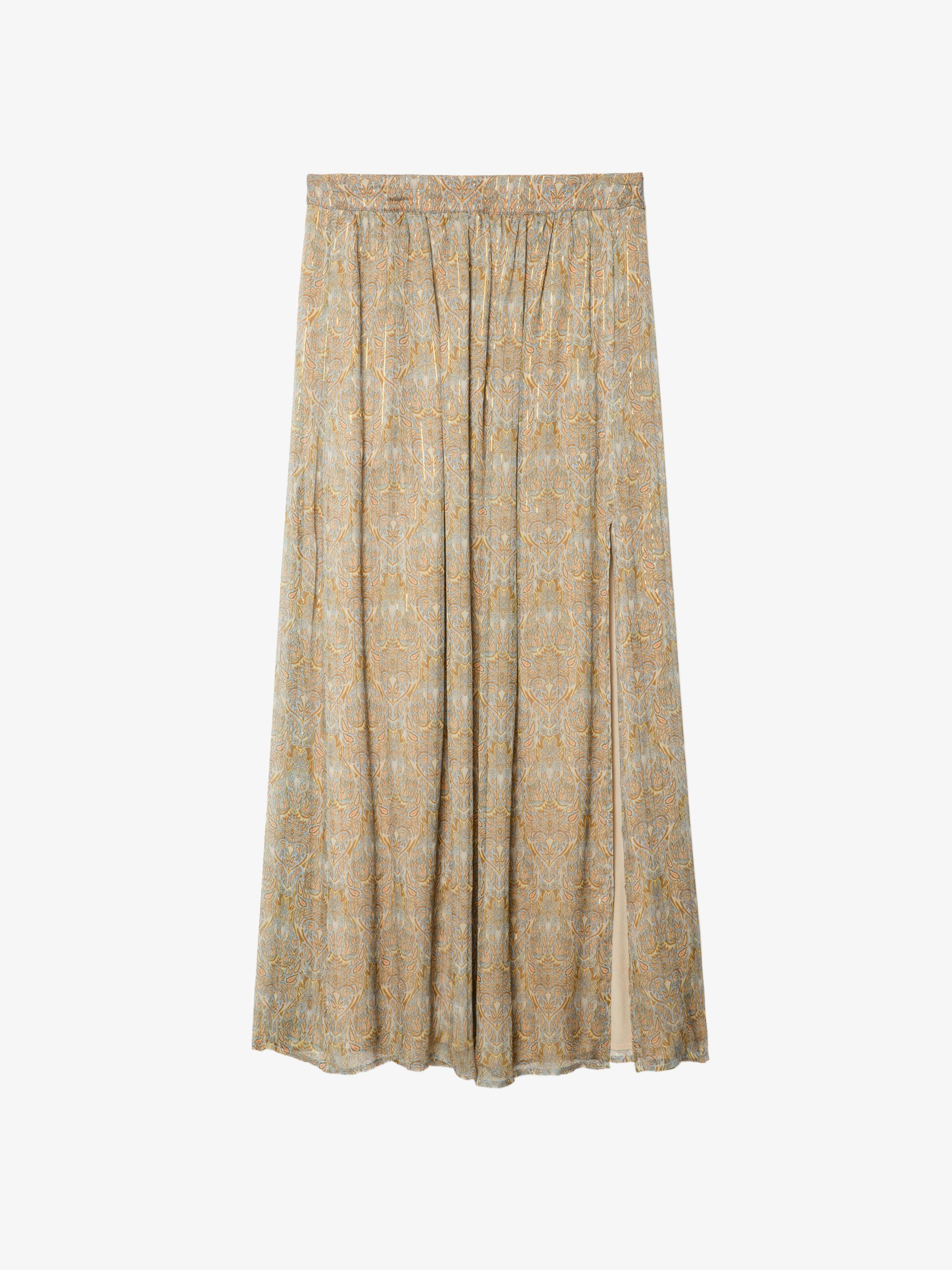 Jady Skirt - Long printed chiffon skirt with golden stripes and slit, zip fastening.